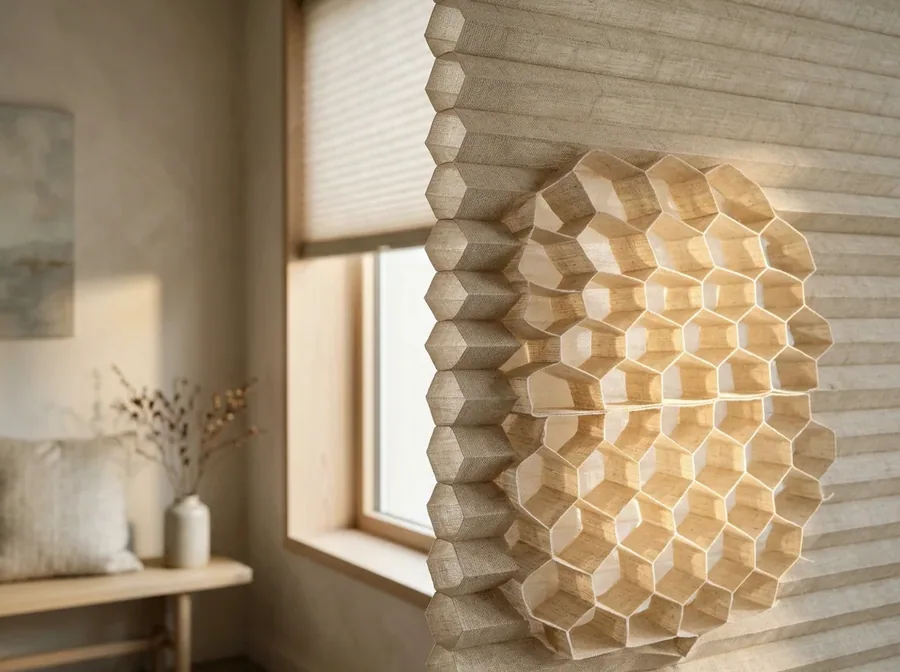 Cellular honeycomb blind showing its air-trapping hexagonal cells beside a window