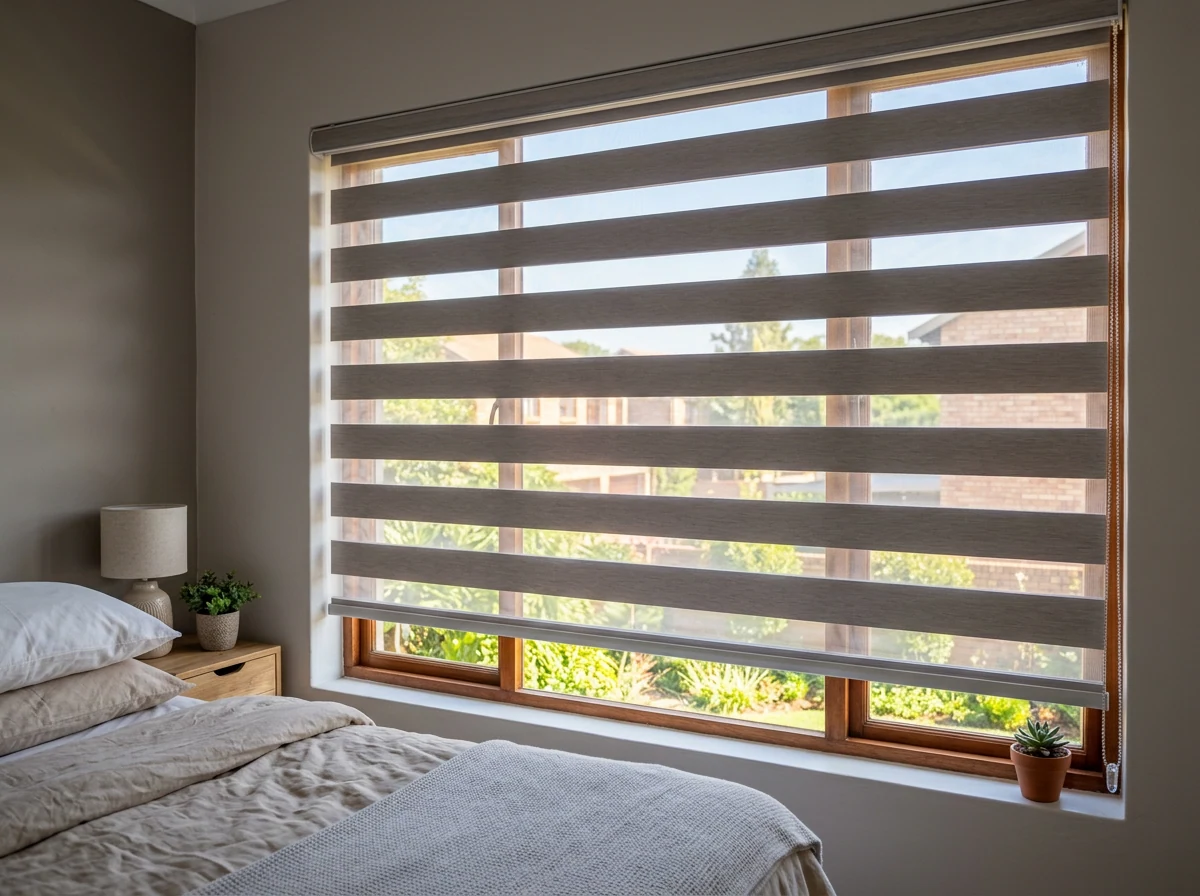 Close-up of a day/night zebra blind fitted to a bedroom window, alternating sheer and blockout fabric bands adjusted to soft light