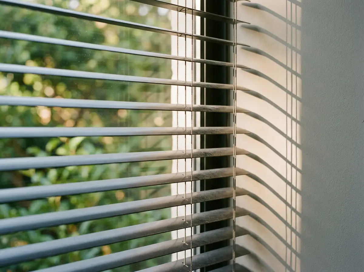 Close-up of aluminium venetian blind slats tilted against the light, the kind of detail specified in a Dainfern home