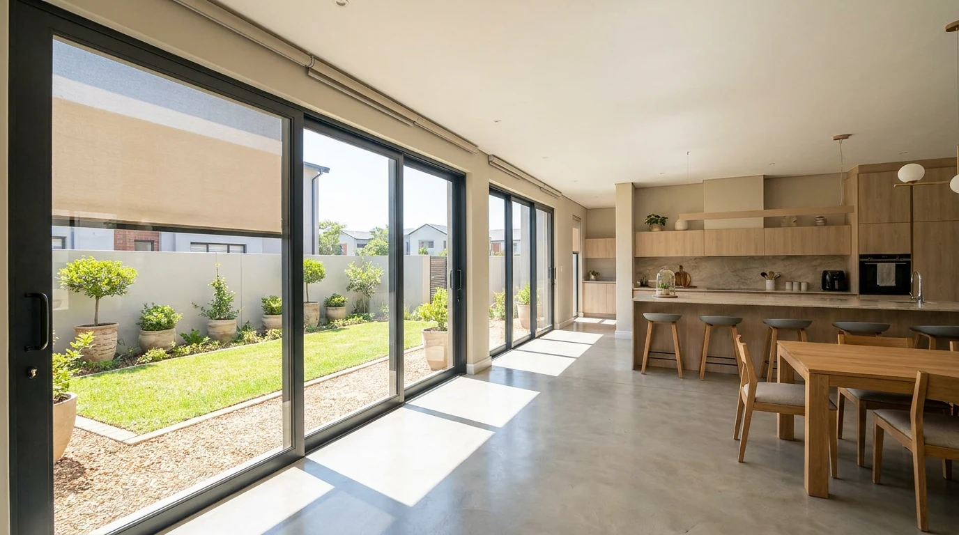 Open-plan kitchen and dining area with floor-to-ceiling glass doors, typical of the Fourways and Lonehill complex belt, Johannesburg