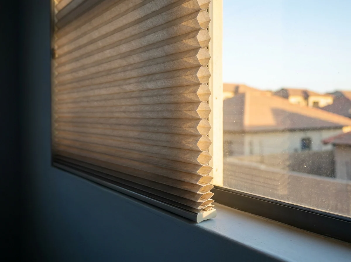 Cellular honeycomb blind seen in cross-section, its hexagonal air cells visible, at a west-facing upstairs bedroom window