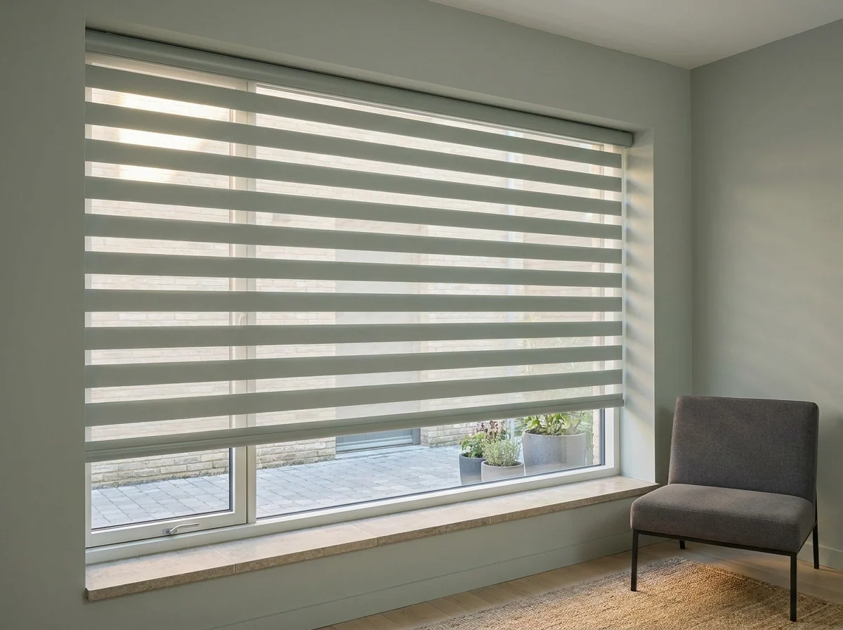 Day/night blind with alternating sheer and solid fabric bands on a lounge window facing a neighbouring townhouse wall and shared walkway