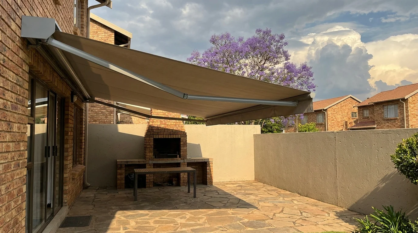 Folding-arm awning extended from a wall cassette over a compact complex braai patio, with a Highveld thunderhead building behind