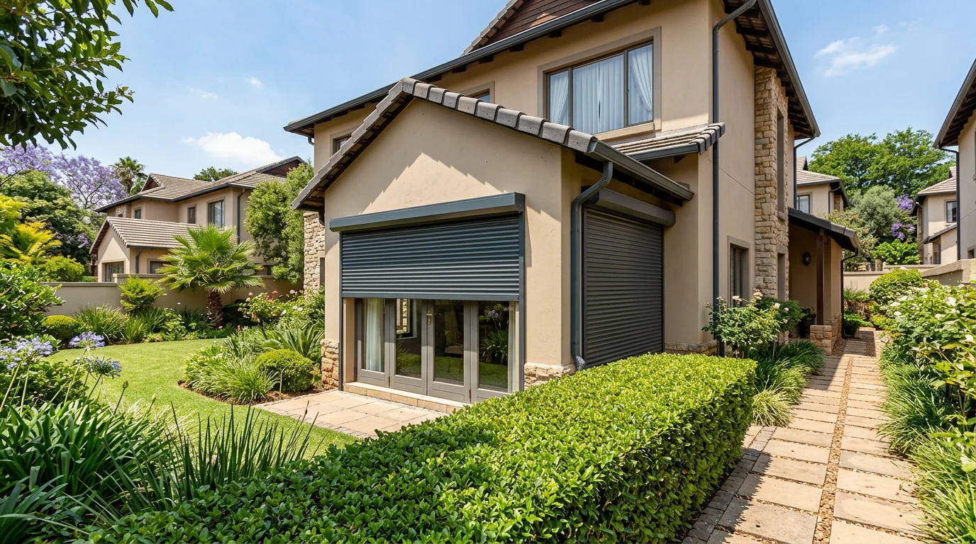 External aluminium roller shutter lowered over French doors on the side elevation of a Lonehill townhouse, garden hedge and paved pathway in the foreground
