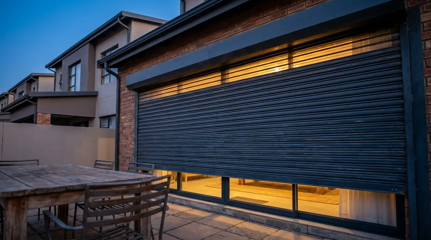 External aluminium roller shutter partly lowered over a sliding patio door on a Lonehill townhouse at dusk, warm interior light glowing through the gap, braai table on the patio in the foreground