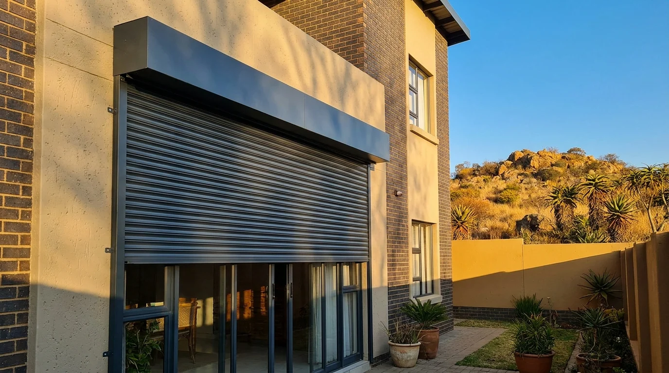 External aluminium roller shutter rolled down over the sliding doors of a Lonehill cluster home, with the rocky koppie rising beyond the boundary wall