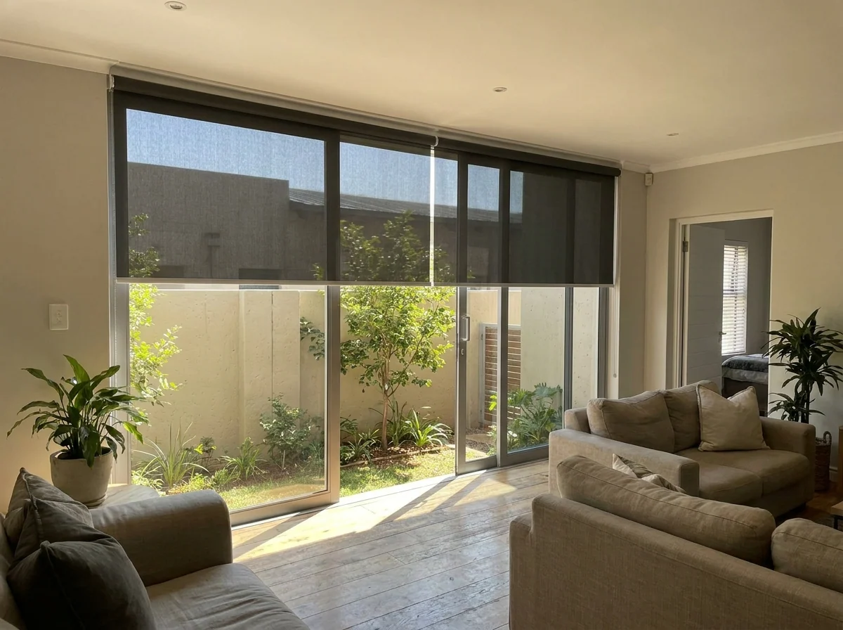 Sunscreen roller blinds — single smooth sheets of open-weave fabric on tubes — lowered over a wide slider onto a walled Lonehill courtyard garden