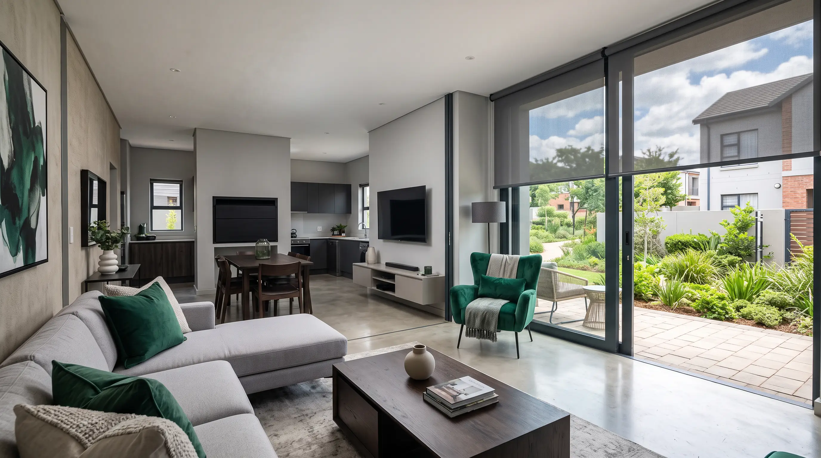 Open-plan lounge in a Lonehill cluster home, a sunscreen roller blind lowered over the sliding doors onto the complex garden