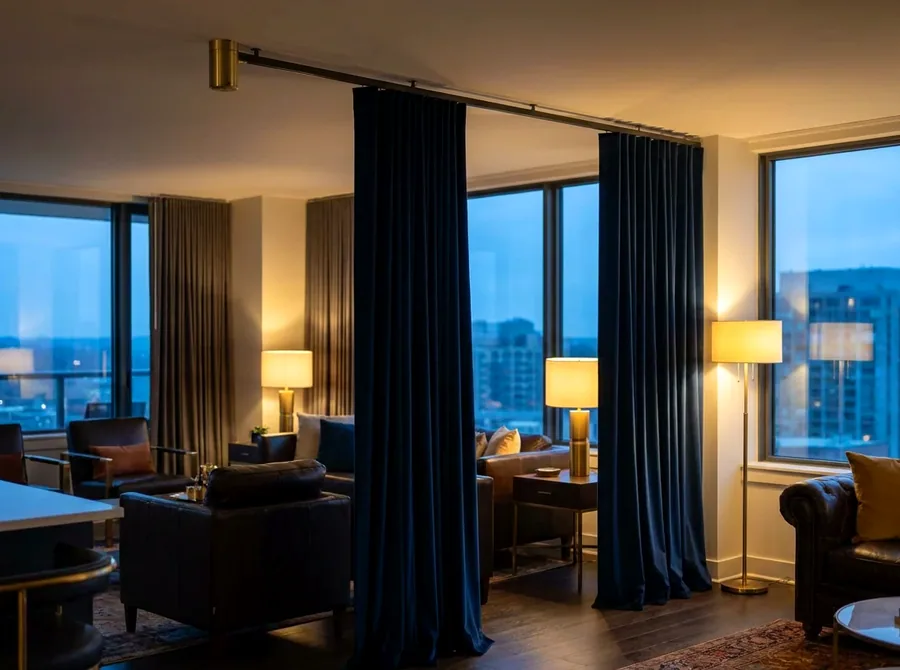 Full-height curtains drawn on a motorised ceiling track across a living-room window wall