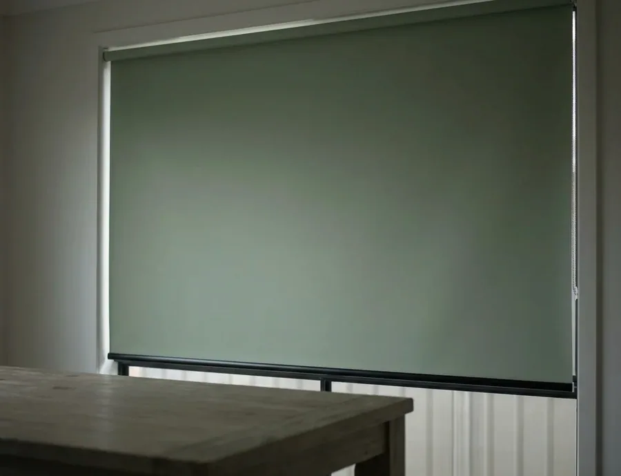 Sage-green blockout roller blind — one smooth sheet of fabric on a tube, no folds — lowered over a dining-room window