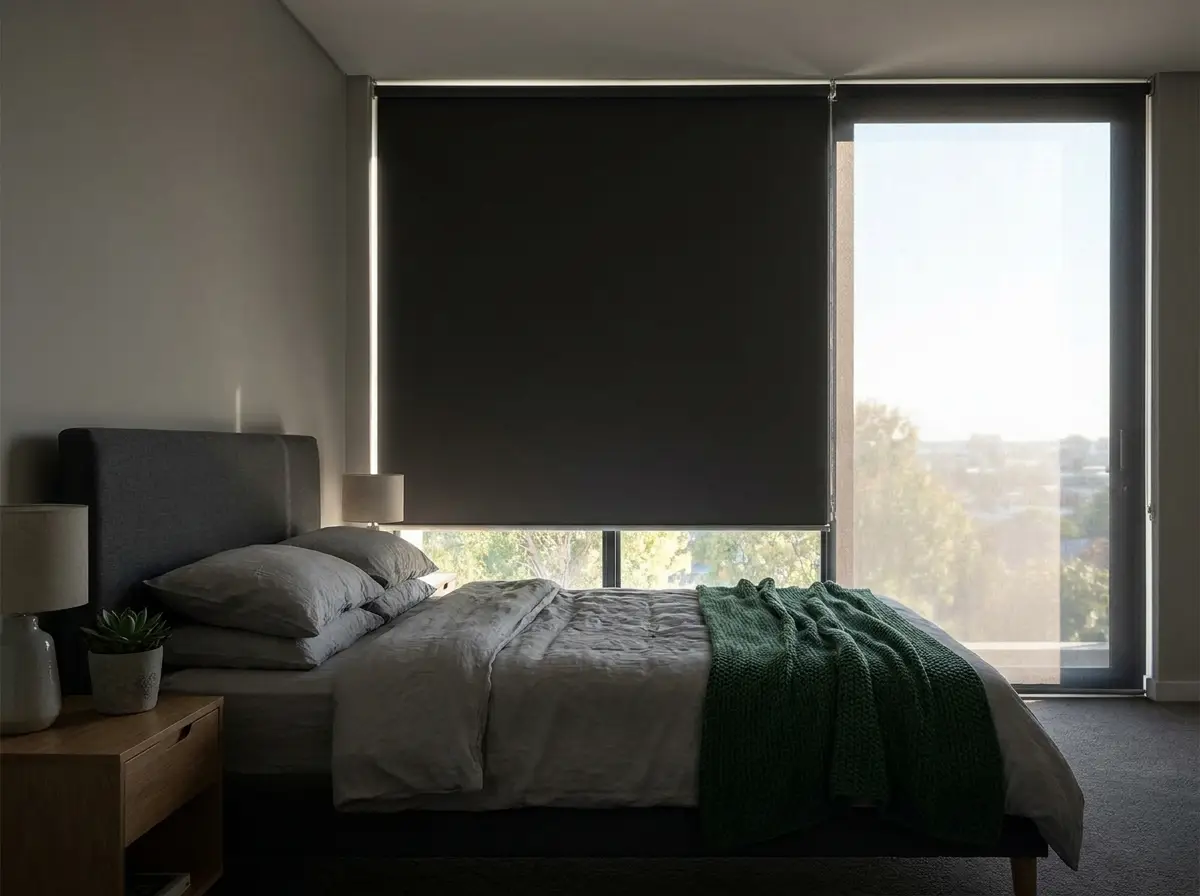 Bedroom with blockout roller blind fitted in a Lonehill complex home